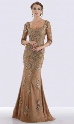 Feriani Couture - Quarter Length Sleeve Appliqued Sheath Gown 26271 - 1 Pc Bronze In Size 10 Available Formal Gowns