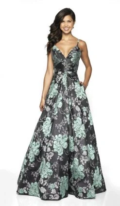 Blush By Alexia Designs Formal Gowns Flair Prom - 19097 Brocade Plunging V-neck A-line Dress