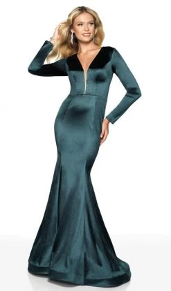 Blush By Alexia Designs Formal Gowns Flair Prom - 19144 Illusion Plunging Neck Long Sleeve Mermaid Gown