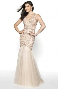 Blush By Alexia Designs Flair Prom - 19213 Embellished Deep V-neck Tulle Trumpet Dress