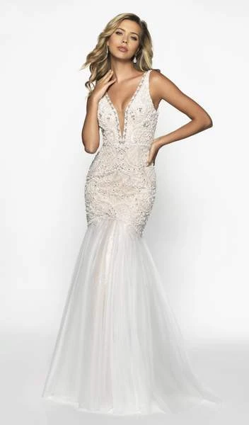 Blush By Alexia Designs Flair Prom - Embellished Illusion Plunging Neck Tulle Trumpet Dress 19213 - 1 Pc Ivory/Nude In Size 8 Available 3 Blush By Alexia Designs Flair Prom - Embellished Illusion Plunging Neck Tulle Trumpet Dress 19213 - 1 Pc Ivory/Nude In Size 8 Available