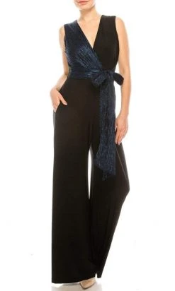 Gabby Skye - 85172M Dual Toned Metallic Waist Tie Wide Leg Jumpsuit Prom Dresses