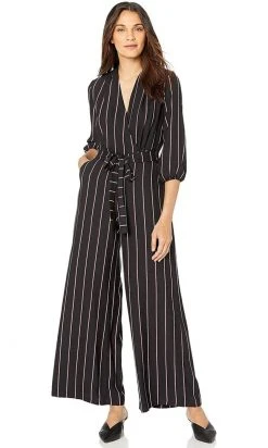 Prom Dresses Gabby Skye - 91139MG Quarter Sleeve Stripe V-Neck Jumpsuit