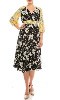 Gabby Skye - 91196MG Quarter Sleeve Floral Color Block A-Line Dress Cocktail Dresses