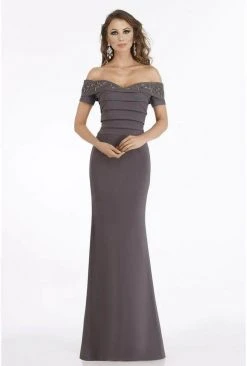 Gia Franco - Pleated Short Sleeve Formal Gown 12916 - 1 Pc Charcoal In Size 16 Available Formal Gowns