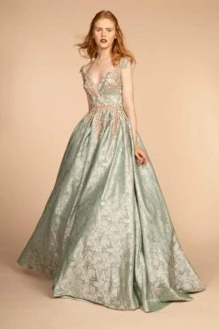 GLS By Gloria - GL2540 Floral Embroidered Deep V-neck Ballgown