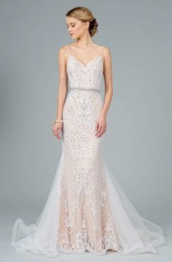 GLS By Gloria - GL2930 V-Neck Glitter Mesh Trumpet Dress