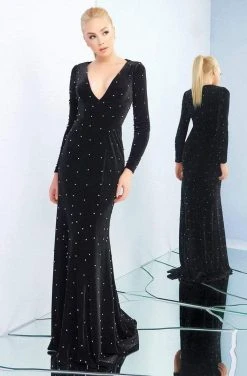 Ieena Duggal - 25934I Rhinestone Ornate Black Velvet Evening Gown Formal Gowns