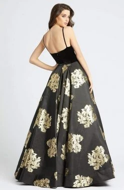 Ieena Duggal - 25955I Velvet Scoop Satin Gold Patterned Gown