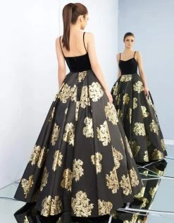 Ieena Duggal - 25955I Velvet Scoop Satin Gold Patterned Gown