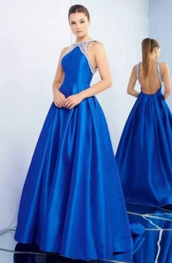 Ieena Duggal - 26014I Pearl Beaded Halter Pleated Ballgown