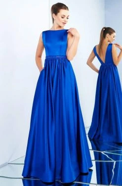 Ieena Duggal - 26022I Bateau Neck Plunging Back Long Gown Formal Gowns