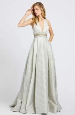 Formal Gowns Ieena Duggal - 26107I Geo-Lattice Texture Plunging A-Line Gown