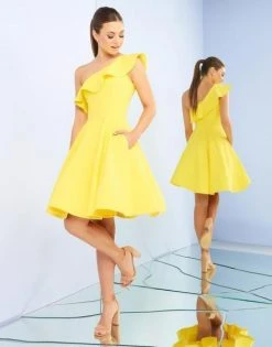 Ieena Duggal - One Shoulder Ruffled Neckline A-Line Dress 26099I - 1 Pc. Lemon In Size 6 Available Cocktail Dresses