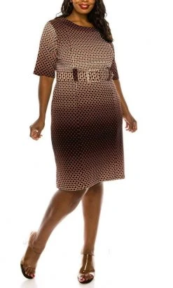 ILE Clothing - OTP259S1XL1 Polkadot Print Belted Sheath Dress Cocktail Dresses