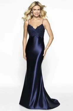 Blush By Alexia Designs Formal Gowns Intrigue By Blush - 529 Beaded Lace Appliqued Top Satin Evening Gown - 1 Pc Navy In Size 10 Available