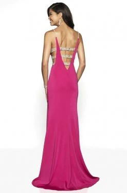 Blush By Alexia Designs Formal Gowns Intrigue By Blush - 533 Embellished Deep V-neck Satin Sheath Dress