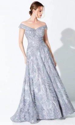 Ivonne D - 220D24 Embroidered Off-Shoulder Evening Gown - 1 Pc Silver Gray In Size 10 Available Formal Gowns