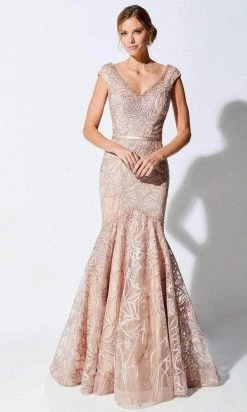 Ivonne D - 221D53 Embroidered V-Neck Evening Dress - 1 Pc Pink Topaz In Size 6 Available