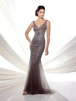 Formal Gowns Ivonne D By Mon Cheri - Sleeveless V Neckline Beaded Tulle Trumpet Gown 116D23 - 1 Pc Dark Gray In Size 10 Available