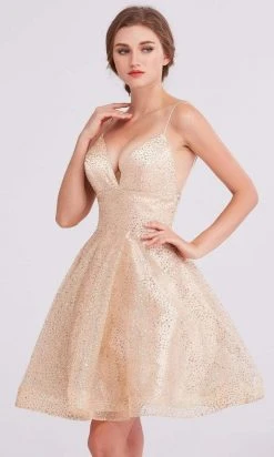 J'Adore Dresses - J15055 Plunging Neck Glittered Short Dress