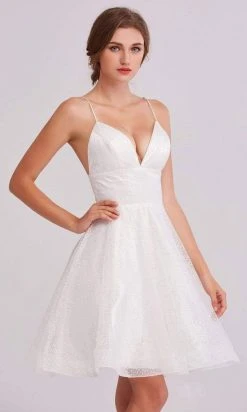 J'Adore Dresses - J15055 Plunging Neck Glittered Short Dress