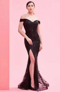 Long Dresses J'Adore Dresses - J16010 Sequined Off-Shoulder Trumpet Dress