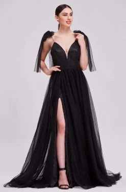 J'Adore Dresses - J16014 Plunging Bodice Glitter Gown With Overskirt