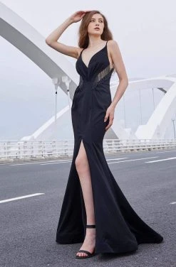 J'Adore Dresses - J16016 Sequined Plunging V-neck Trumpet Dress Formal Gowns