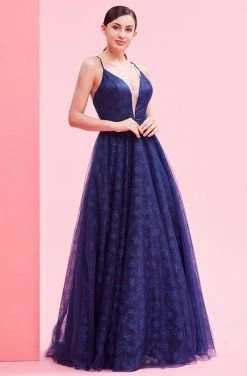 Formal Gowns J'Adore Dresses - J16041 Deep V-neck Glitter Tulle Ballgown