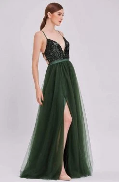 Formal Gowns J'Adore Dresses - J16046 Sequin Tulle A-Line Dress With Slit 9 Formal Gowns J'Adore Dresses - J16046 Sequin Tulle A-Line Dress With Slit