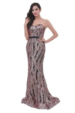 J'Adore Dresses - J11365 Strapless Sequined Foliage Motif Gown Formal Gowns