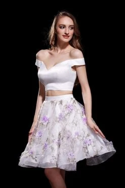 J'Adore Dresses - J12007 Two-Piece Off Shoulder Floral Embroidered Short Dress