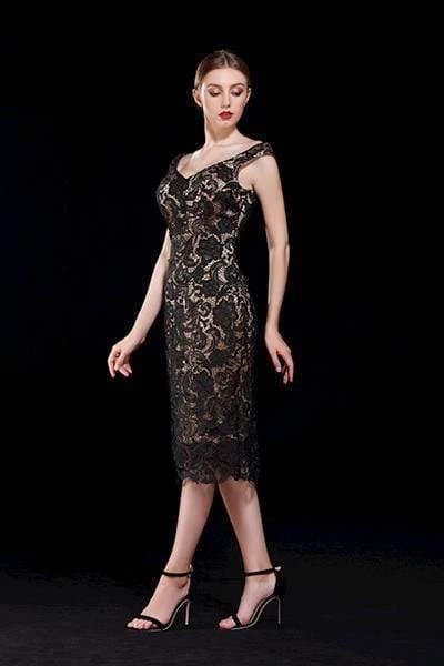 J'Adore Dresses - J12030 Lace Wide V-neck Sheath Dress Cocktail Dresses 3 J'Adore Dresses - J12030 Lace Wide V-neck Sheath Dress Cocktail Dresses