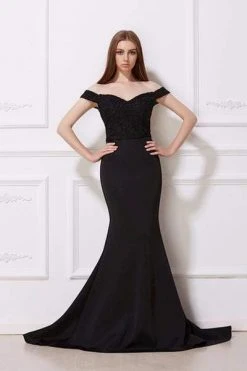 J'Adore Dresses - J12031 Lace Off-Shoulder Neoprene Mermaid Dress