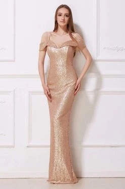 Formal Gowns J'Adore Dresses - J12039 Sequined Off-Shoulder Sheath Gown