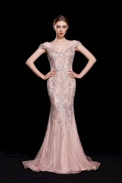 J'Adore Dresses - J12068 Beaded Off-Shoulder Tulle Mermaid Gown