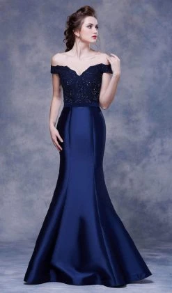 Formal Gowns J'Adore Dresses - J13058 Beaded Off-Shoulder Trumpet Gown