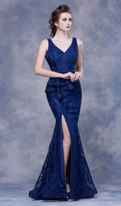 J'Adore Dresses - J13061 Lace V-Neck Ruffled Gown With Slit Formal Gowns