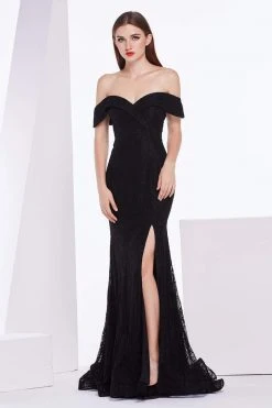 J'Adore Dresses - J14003 Lace Embellished Off-Shoulder Trumpet Dress