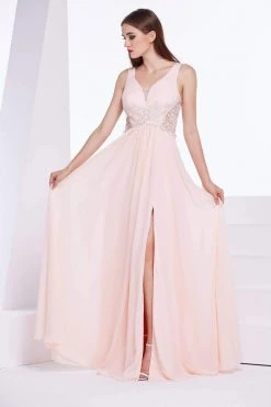 Formal Gowns J'Adore Dresses - J14018 Curved V-neck Lace Chiffon A-line Dress