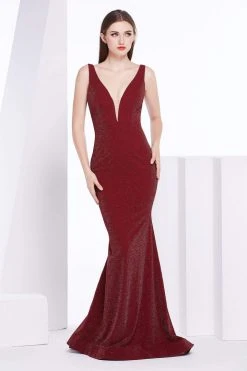 J'Adore Dresses - J14020 Deep V-neck Tulle Mermaid Dress