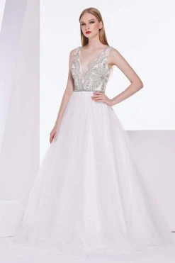 J'Adore Dresses - J14021 Embellished Deep V-neck Tulle Ballgown Formal Gowns