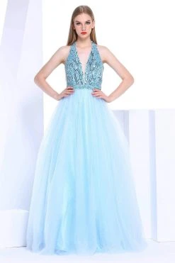 J'Adore Dresses - J14025 Sequined Deep Halter V-neck Tulle Ballgown