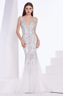 J'Adore Dresses - J14030 Embellished Plunging V-neck Tulle Trumpet Dress Formal Gowns