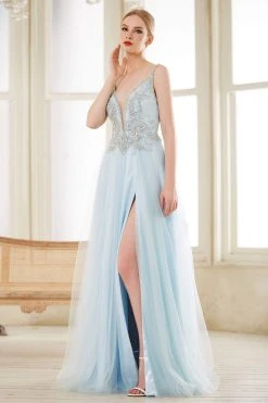 Formal Gowns J'Adore Dresses - J14042 Beaded Deep V-neck Tulle A-line Dress