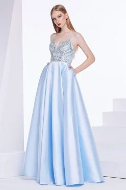 Formal Gowns J'Adore Dresses - J14044 Bedazzled Plunging V-neck Mikado A-line Dress