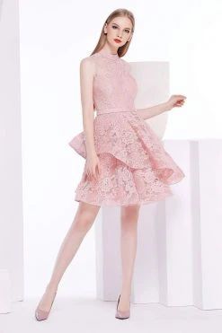 Cocktail Dresses J'Adore Dresses - J14091 Layered High Neck Lace A-line Dress