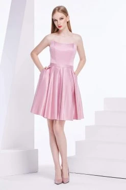 J'Adore Dresses - J14097 Strapless Scoop Neck Satin Pleated A-line Dress