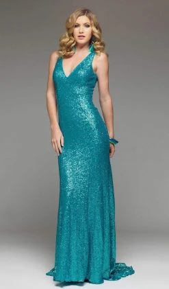 J'Adore Dresses - J4023 Sequined Deep V-neck Trumpet Dress With Train Formal Gowns